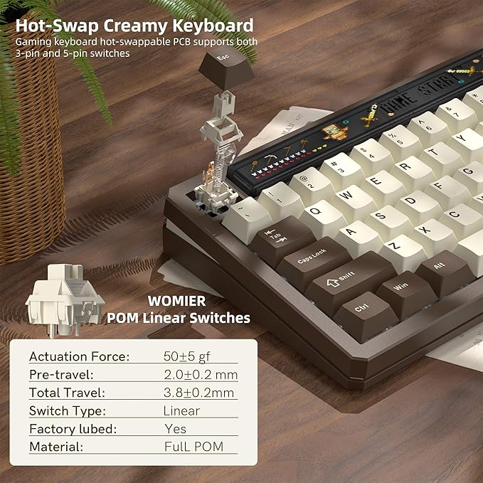 Womier 75% Wireless Mechanical Keyboard with Screen and Knob, Retro Creamy Bluetooth Gaming Keyboard Custom Clear Anime Light Box, RGB/Hot Swappable/PBT Keycaps, VIA Programmable for Mac/PC, K80 Brown