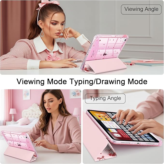 DONGKE for iPad Pro 11 inch Case – Fits M5 2025 / M4 2024, Shockproof Sparkling Glitter Acrylic Back, Pencil Holder, Trifold Stand, Auto Sleep/Wake & Touch ID Support - Cherry & Bow
