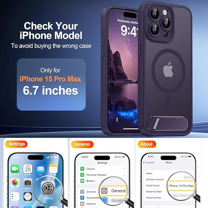 Magnetic Compatible with iPhone 15 Pro Max Case, [Built-in Kickstand][Full Camera Protection][Compatible with MagSafe][Anti-Fingerprint] Shockproof Phone Case for iPhone 15 Pro Max 6.7",Purple