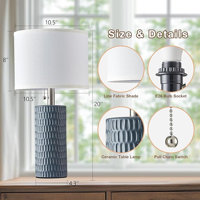 Reaketon Table Lamps for Living Room Set of 2, Ceramic Table Lamps for Bedroom, 20" Modern Lamps for Night Stands, Grey