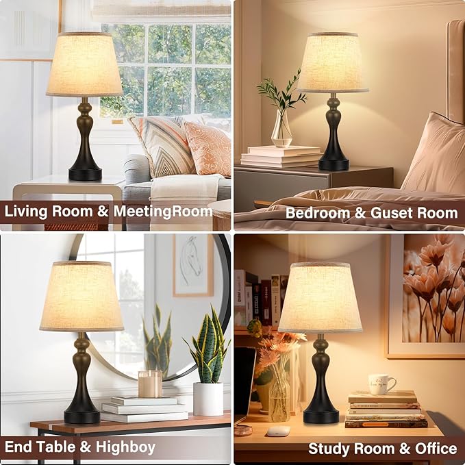 Seealle Touch Lamps for Nightstand - Bedside Lamps Set of 2, 3 Way Dimmable, USB C+A for Bedroom & End Tables (Beige&Black)