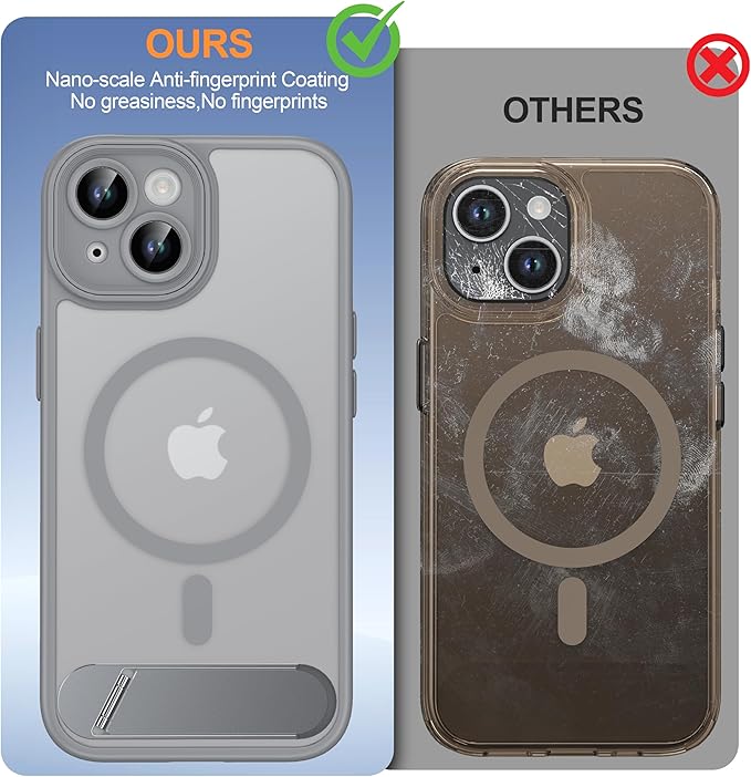 Magnetic Compatible with iPhone 15 Case, [Built-in Invisible Kickstand][Compatible with MagSafe][Full Camera Protection] Translucent Matte Phone Case for iPhone 15 6.1" Gray