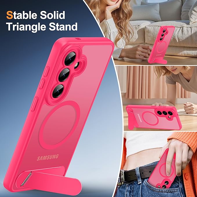 Magnetic for Samsung Galaxy S26 Case, [Compatible with MagSafe][Full Camera Protection][Built-in Invisible Kickstand] Translucent Matte Phone Case for S26 6.3" - Hot Pink