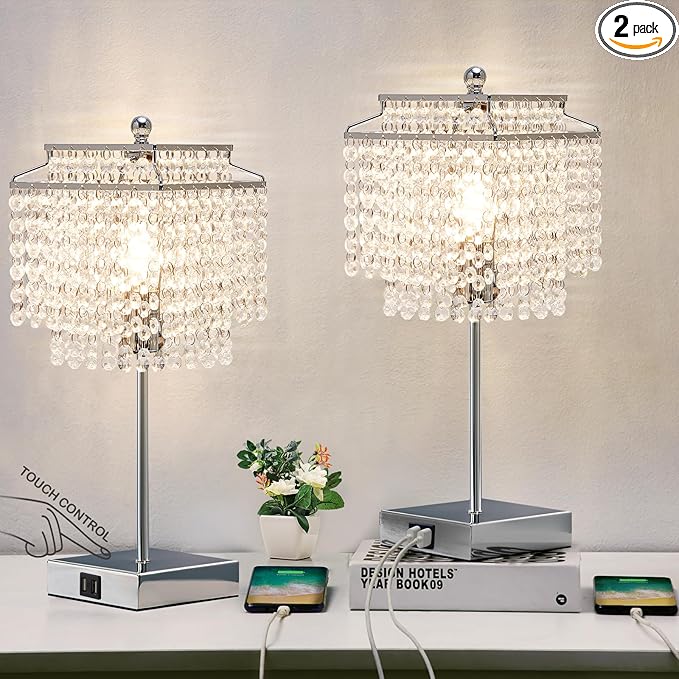 Luvkczc Crystal Table Lamp with Touch Control Set of 2, USB Bedside Table Lamp with USB C+A Ports, Dimmable Lamp with Crystal Shade for Bedroom, Living Room, 6W LED Bulb Included