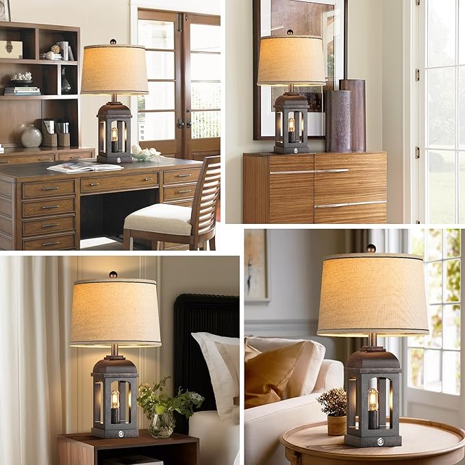 QiMH Table Lamp for Living Room, Farmhouse Lamps Set of 2 with USB A+C and Nightlight, 26" Rustic Bedside Lamps with 3-Way Dimmable, Touch Nightstand Lamp for Bedroom, Bronze