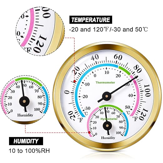 Weewooday 3 Pcs Indoor Outdoor Thermometer 2 in 1 Mini Home Temperature Humidity Hygrometer Monitor Gauge for Home Offices Wall(Gold,2.2 Inch)