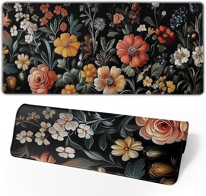 Large Floral Mouse Pad Extended Gaming Mousepad 31.5"x11.8" Vintage Aesthetic Black Desk Mat Flower Mouse Pad Plant Wildflower Mousepad XXL Laptop Computer Keyboard Mats for Desk Office