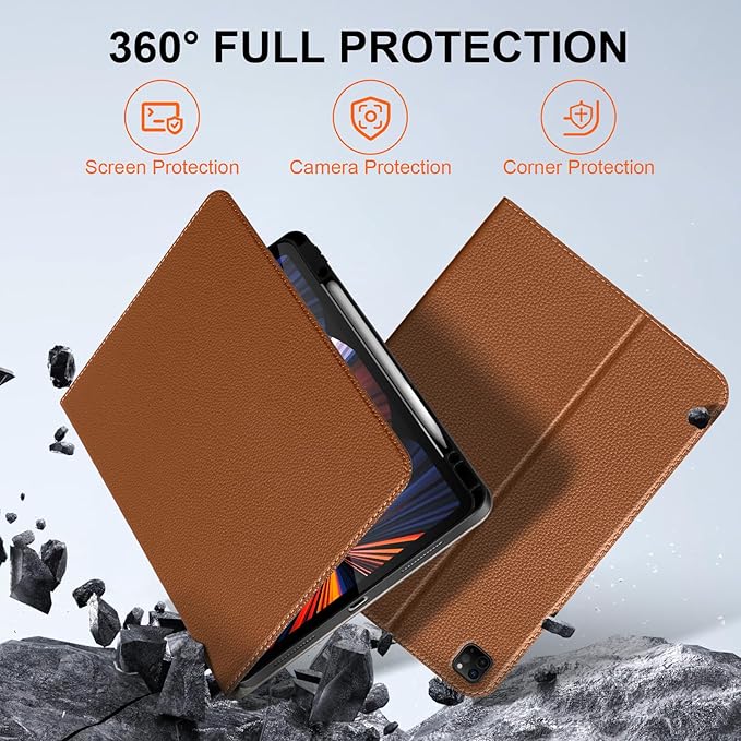 for iPad Pro 12.9 6th /5th /4th /3rd Generation Case 2022/2021/2020/2018, Premium Leather Folio Stand Cover with Built-in Apple Pencil Holder -Auto Wake/Sleep and Multi Viewing Angles,Brown