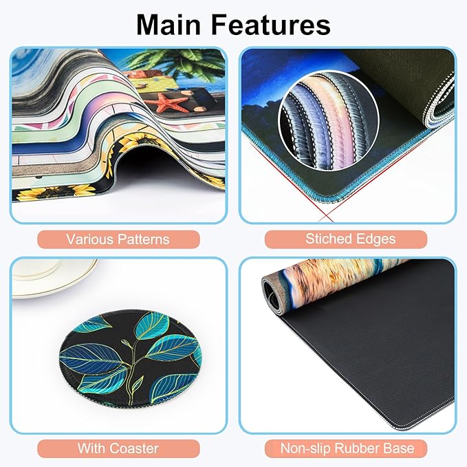 Large Gaming Mouse Pad with Coaster, Desk Matt for Desktop, Desk Pad, Mouse Pads Mat, Stitched Edges Big Extended Mousepad for Computer Keyboard Laptop Office Decor, 31.5'' x15.6''-Leaves 3