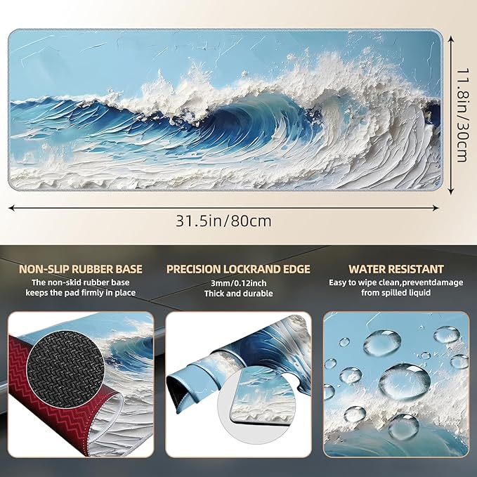 Galdas Gaming Mouse Pad XXL XL Large Long Extended Big Mousepad Non-Slip Rubber Keyboard Desk Pad with Stitched Edges for Laptop Home Office (31.5x11.8x0.08 Inch) … (Painting Waves)