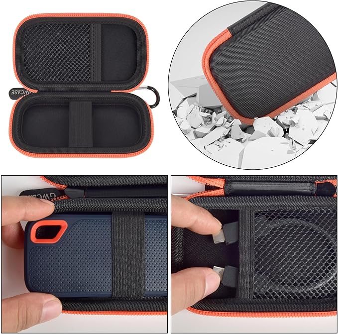 GWCASE Hard Case for SanDisk Extreme Portable SSD 1TB 2TB 4TB 8TB 500GB, External for Solid State Drive Travel Carrying Holder with Mesh Pocket for USB Cables & SD Cards (Bag Only)-Orange Zipper