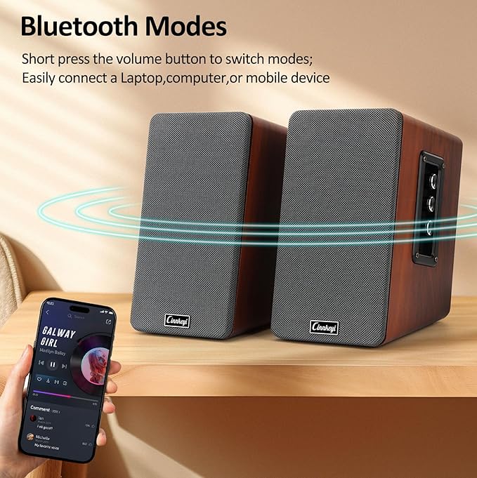 50W Wooden Bookshelf Speakers, Passive 2.0 Computer Speakers | Bluetooth, RCA, AUX (3.5mm), USB Inputs | Strong Bass PC Speakers for TV, Laptop, Turntable
