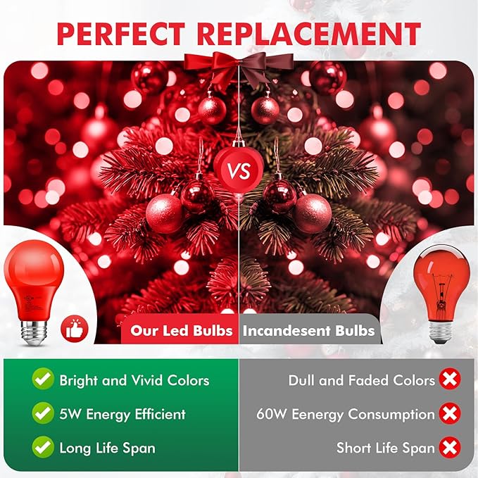 TJOY LED Red Light Bulb, Red Colored Light Bulbs Outdoor, A19 60 Watt Equivalent, 5W E26 Base Lightbulb for Christmas Porch Indoor Party Bedroom Decoration, Non-Dimmable, 4 Pack