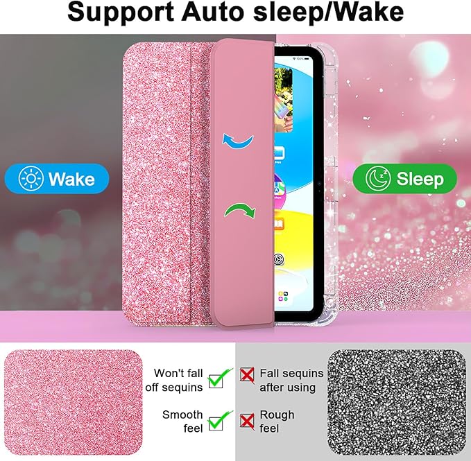 Glitter Case for iPad (A16) 11th Generation 11 Inch (2025), iPad 10th Generation 10.9 Inch (2022), Slim Fit Trifold Stand Auto Sleep Wake Not-Yellowing Clear Back Cover with Pencil Holder,Pink