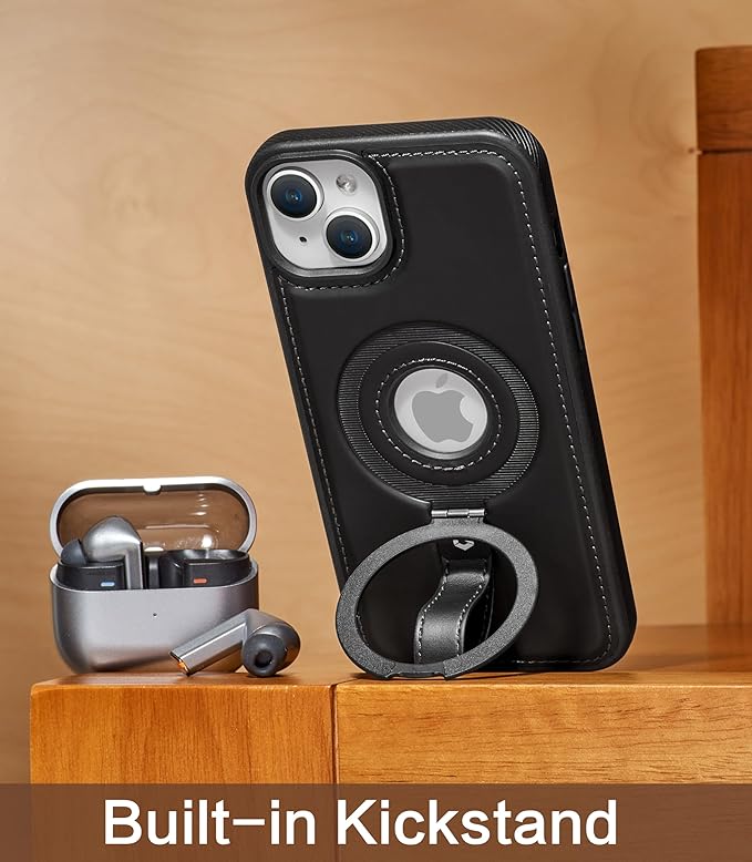 Butaiga for iPhone 15 Plus/iPhone 14 Plus Leather Case with Stand, Anti-Slip Grip Ring, Fits for MagSafe (Black, iPhone 15/14 Plus)