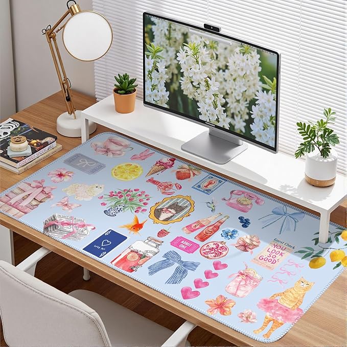 Cute Blue Desk Mat Kawaii Cat Mouse Pad Retro Vintage Large XXL Mousepad Computer Keyboard Laptop Mouse Mat Aesthetic Floral Office Desk Decor for Women Girl