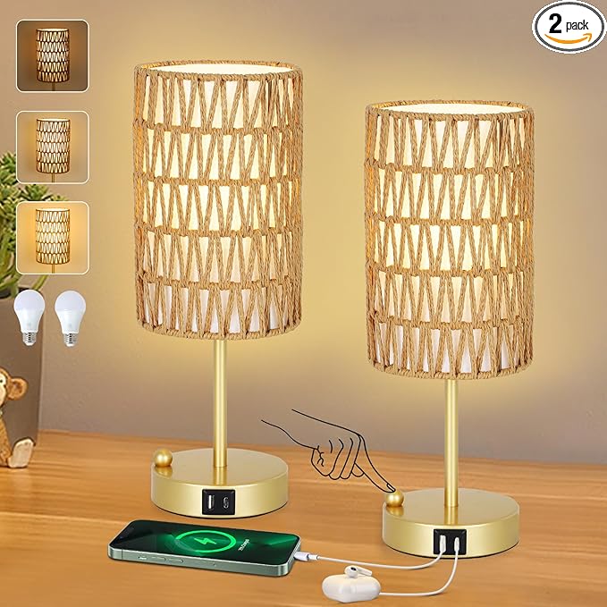 Gold Bedside Lamps Set of 2, Touch Control Night Stand Lamp for Bedroom with Rattan & Linen Shade & Bulbs, 3 Way Dimmable Small Boho Table Lamps with USB Charging Port & Phone Stand