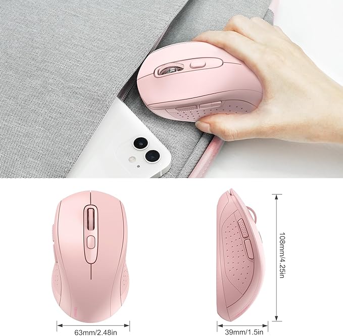 TECKNET Bluetooth Mouse, 4000DPI Wireless Mice for Laptop 2-in-1(BT 5.0/3.0+2.4Ghz) Computer Portable PC Mouse Wireless with USB Receiver for Mac (USB-A+Bluetooth, Pink)