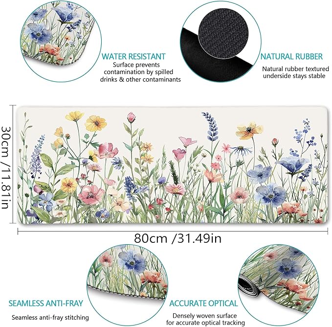 LIMKRIAN Flower Mouse Pad Large Desk Mat Pad, XL Computer Mousepad with Stitched Edges Non-Slip, Keyboard Mouse Pad for Desktop Laptop Work Home Cute Office Supplies Desk Accessories 31.5x11.8 in