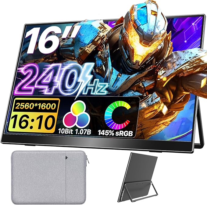 Upperizon Portable Monitor 16 inch 2K QHD 2560X1600 145% sRGB 240 Hz HDR HDMI USB-C Travel Monitor for Laptop MacBook PC Surface PS5 Xbox, External Display with Kickstand & Speakers, VESA Compatible