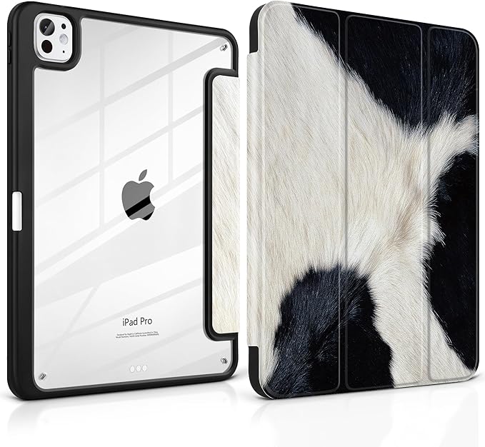 TWOLSKOO Case for iPad Pro 11-inch (M5 2025 / M4 2024), Clear Acrylic Back with TPU Bumper, Pencil Holder, Trifold Stand, Auto Sleep/Wake, Cow Print