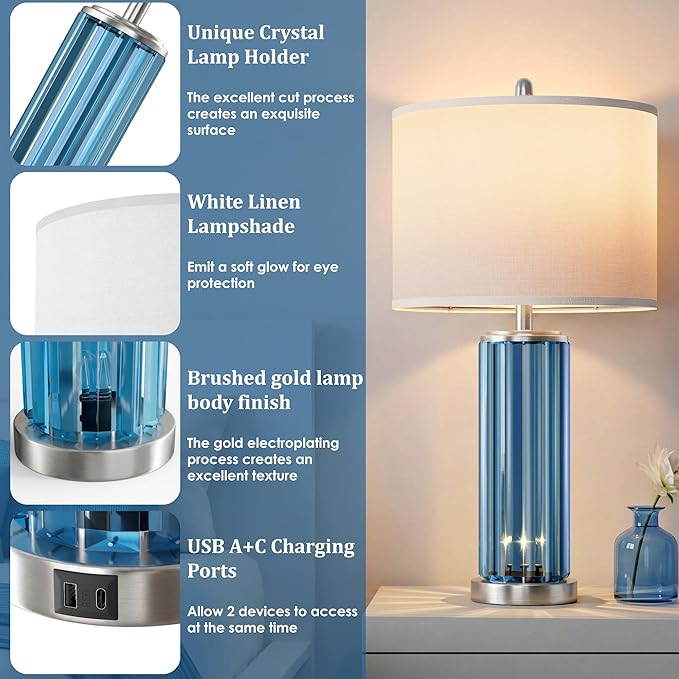 QiMH Table Lamps for Bedroom Set of 2 with Nightlight, Modern Bedside Lamp with USB A+C Charging Port, Blue Nightstand Lamp for Living Room White Shade Home Decor, 2 Bulbs Included