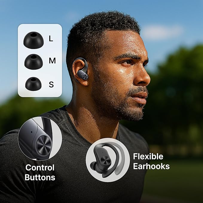 Wireless Bluetooth Sports Earbuds - Over-Ear Hook Headphones with LED Display - Touch Control & Voice Assistant - Wireless Charging Case – for Running - Gym - Workout (Black)