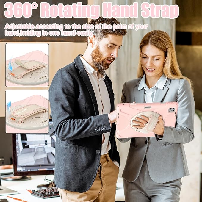 BRAECNstock Case for Apple iPad Pro 13 inch M5 2025 / M4 2024, Shockproof Protective Kids Case with Pencil Holder [360 Rotating Hand Strap + Stand], Shoulder Strap, Sakura Pink