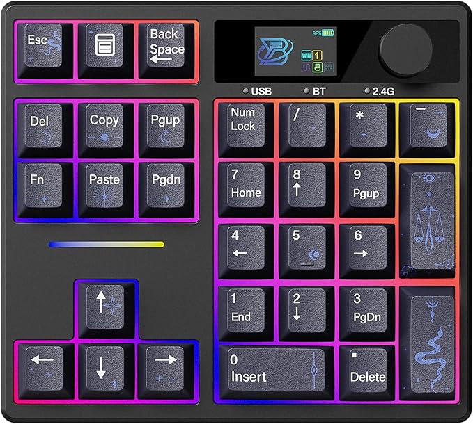 BOYI TD31Pro Mechanical Number Pad,Bluetooth5.0/2.4G/Type-C Wireless Numeric Keypad,RGB HotSwap Numpad with Screen&Knob,PBT Keycaps Gasket keypad Programmable for Win/Mac/Gaming(Black-Star Moon)