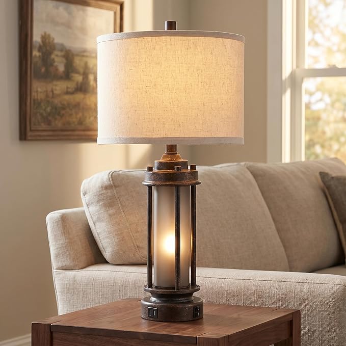 25'' Farmhouse Table Lamp with 2 USB Charging Ports, Rustic Vintage Nightstand Lamp with Frosted Glass Nightlight, Retro Desk Lamp for Living Room Bedroom End Table Entryway, 2 Bulbs Included