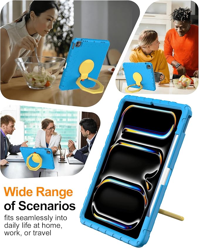 for iPad Air 13 Inch Case (M4 2026 / M3 2025 / M2 2024), Heavy Duty EVA Protective Cover with Magnetic Charging Pencil Holder, 360° Rotating Stand, for Kids, Work & Travel, Blue