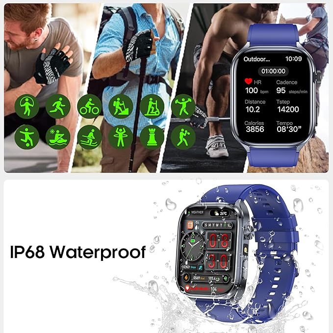 Advanced Health Smartwatch for Women Men with Real-Time Monitoring of Heart Rate, Sleep Quality and Stress Levels, Always-On Display，Bright Flashlight (Blue)