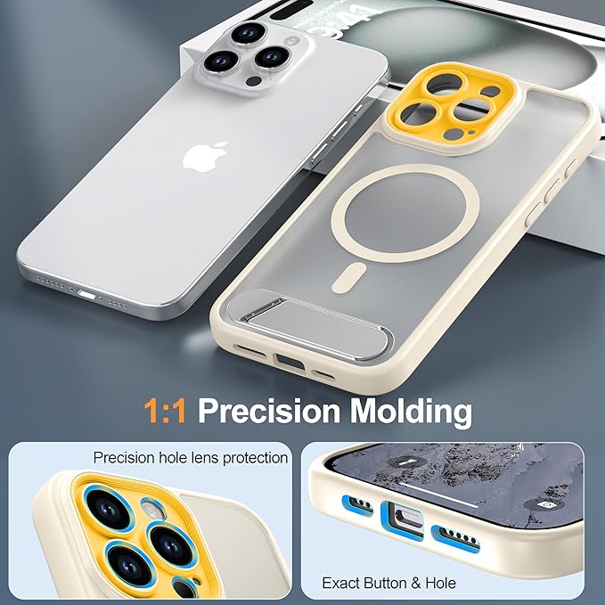 Magnetic Compatible with iPhone 15 Pro Max Case, [Built-in Kickstand][Full Camera Protection][Compatible with MagSafe][Anti-Fingerprint] Shockproof Phone Case for iPhone 15 Pro Max 6.7",Beige & Yellow