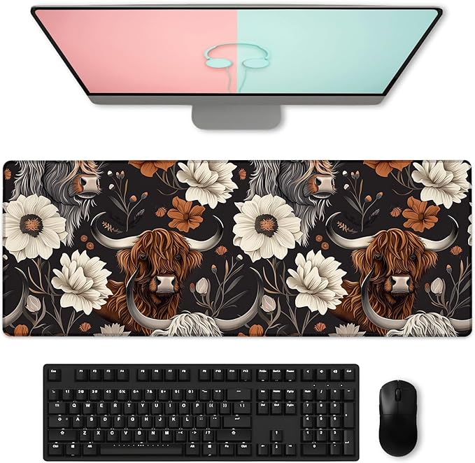 Rustic Highland Cow & Floral Gaming Mouse Pad, Large Cows Desk Mat for Laptop Keyboard Computer, Non-Slip Rubber Base Desktop Extended Mousepad for Office Home Accessories 31.5"×11.8"