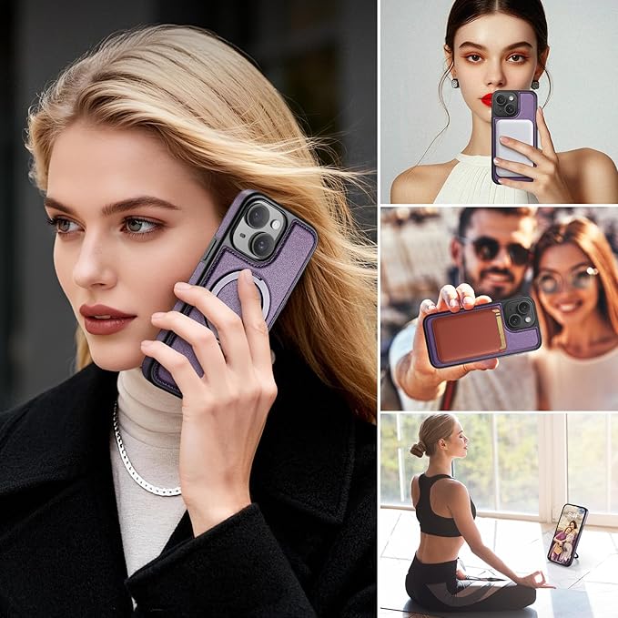 for iPhone 15 Plus Case with Stand, Compatible with MagSafe, Slim PU Leather & Durable TPU Protective Magnetic Kickstand Cover Drop-Proof with Tempered Glass Screen Protector 6.7", Purple