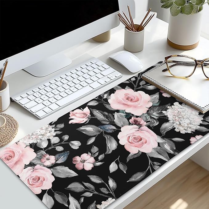 Floral Extended Gaming Mouse Pad Non-Slip Rubber Base Black Large Mousepad 35.4×15.7in with Stitched Edge Waterproof Pink Peony Flowers Pads Computer Black Desk Laptop Mats for Work Game/Office Home