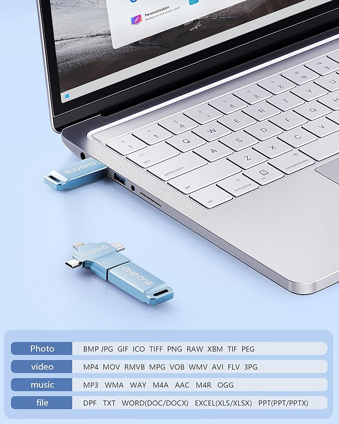 MFi Certified Photo Stick 256GB USB Flash Drive for iPhone, 4 in 1 External Memory Thumb Drive for Picture Video Backup, High Speed Memory Stick Pen Drive for iPhone/iPad/Android/PC (Sky Blue)