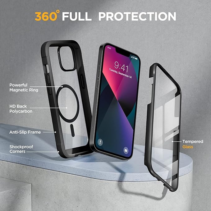 Miracase for iPhone 13 mini Case 5.4",Full-Body Protection,Clear Bumper Case with Built-in 9H Tempered Glass Screen Protector,Military-Grade Drop Protection Outdoor Phone Case for iPhone 13 mini,Black