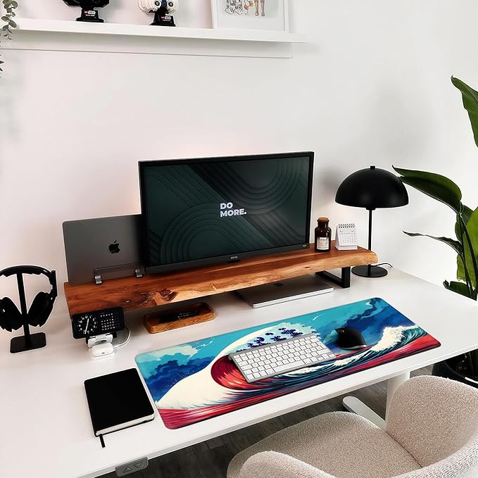 Hopipad Japanese Style Waves Large Gaming Mouse Pad for Desk, Desk Mat with Seamed Edges, Waterproof Desk Pad, Non-Slip Rubber Base, 31.5x11.8 Inch Keyboard Pad Computer Mat, Big XL Mousepad