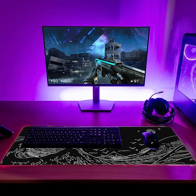 MEWOOCUE® Large Gaming Mouse Pad for Computer,Black Japanese Sea Wave Anime Mouse Mat,Long XXL Waterproof Keyboard Pads,Big Non-Slip Mouse Pads for Game Office Home（15.7 x 35.4 in）