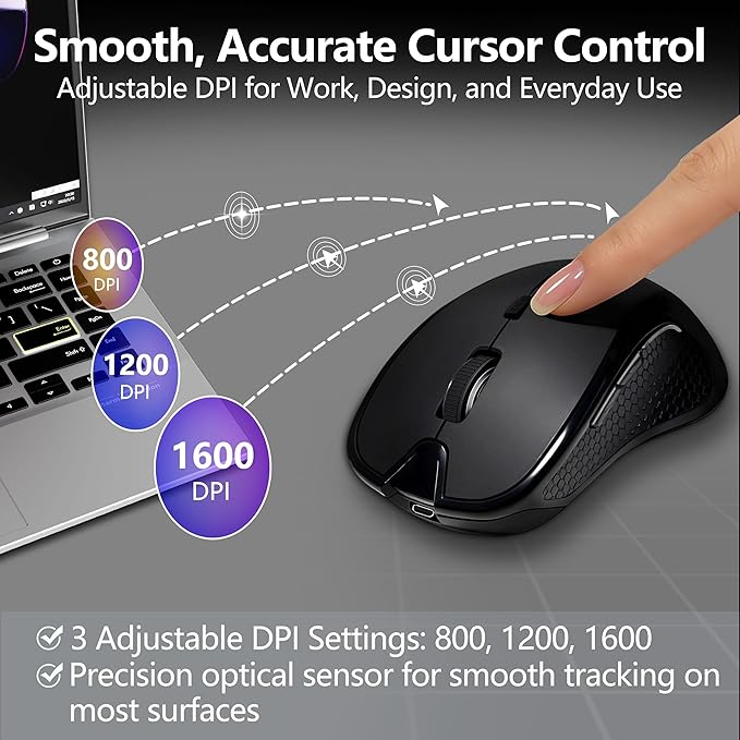 Wireless Bluetooth Mouse for Mac & iPad, Ergonomic Rechargeable Mouse with Built-in Jiggler Mode, Dual USB-C & USB-A Receiver, Quiet Optical Mouse for Laptop, Desktop & Tablet – Black