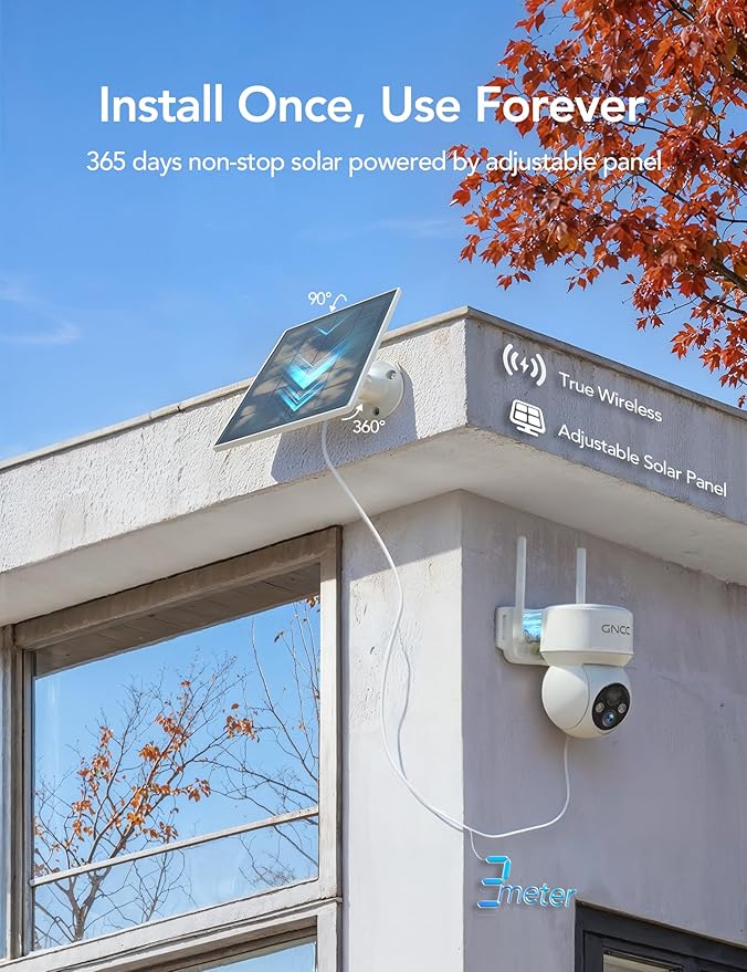 GNCC Solar Security Cameras Wireless Outdoor 2.4G WiFi, 360° View, Solar/Battery Powered, AI Human Detection, Color Night Vision, 2-Way Audio, Spotlight Siren Alarm, IP65 Waterproof, SD/Cloud Storage