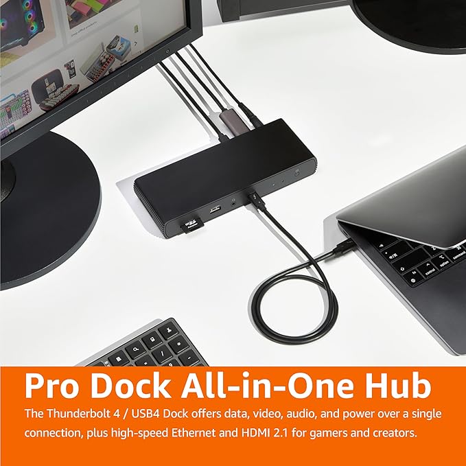 Amazon Basics Thunderbolt 4 Pro Docking Station, Dual 4K Monitor Support, 8K Display, 2xTBT4, 1xHDMI2.1, 3xUSB A 3.1, RJ45 Ethernet, Black, 7.86 x 2.95 x 1.23 inches