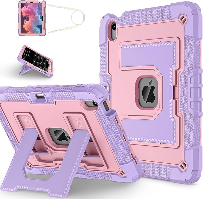 Kids Friendly Case for iPad Air 11 Inch M4 M3 M2 2026/2025/2024 Case with Pencil Holder & Shoulder Strap, Military Grade Shockproof Kickstand Hard Shell Protective Cover,Pink+Purple