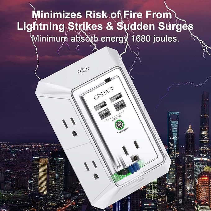 3-Sided Outlet Extender with Night Light - QINLIANF Multi Plug Outlet with 5 Outlets and 4 USB Ports(2 USB-C), USB Wall Charger for Home, Office, Travel, ETL Listed, White