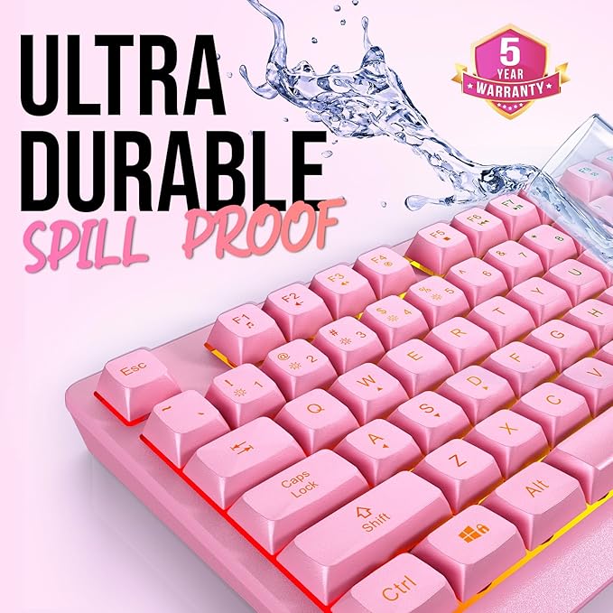 KLIM Chroma Pink Wireless Keyboard – RGB Backlit, Rechargeable Battery, Wireless Keyboard with Water-Resistant Durable Design, Compatible with PC, Mac, PS4, PS5