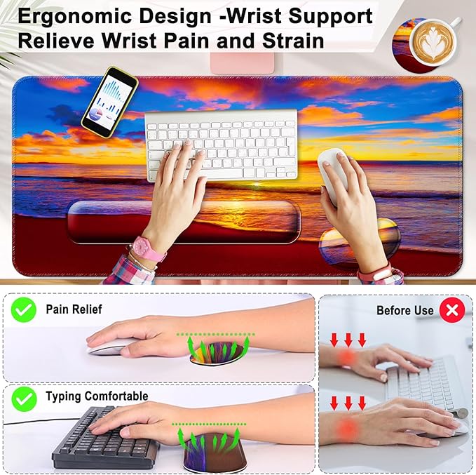 Keyboard Wrist Rest + Mouse Pad with Wrist Support + Desk Mat + Coaster 4 in 1 Set, XXL Large Gaming Mousepad Cute Ergonomic Mouse Pads for Desk Computer Laptop Office Decor-Sunset Beach