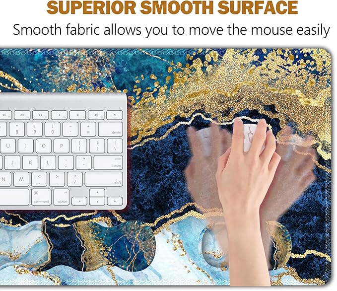 Upgraded Extended Gaming Mouse Pad, Keyboard Wrist Rest Pad, Wrist Support Mousepad Set, Artso Large Stable Rubber Base Stitched Edges, Multifunctional Desk Pad (35 x15.5 in), Blue Marble