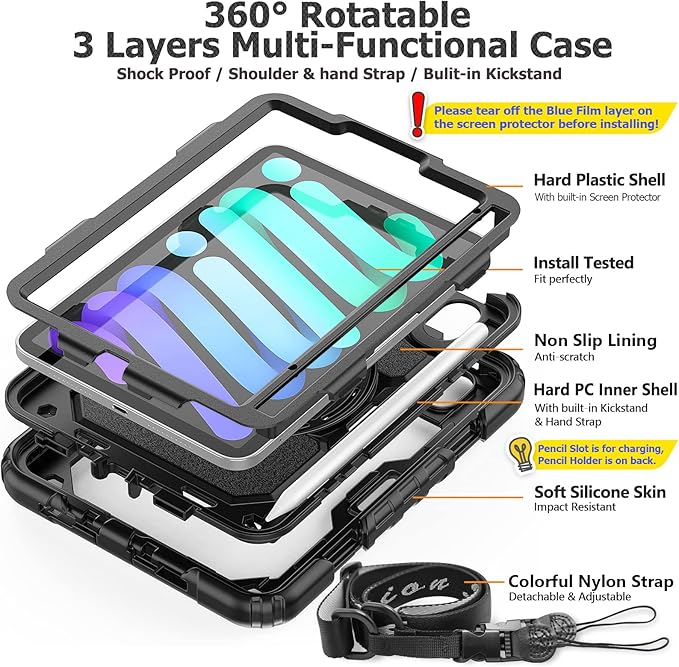 SEYMAC stock Case for iPad mini 7 (A17 Pro) 2024/ Mini 6 8.3'' with Screen Protector Pencil Holder [360 Rotating Hand Strap] &Stand, Drop-Proof Case for iPad mini 7th/6th Generation 8.3", Black