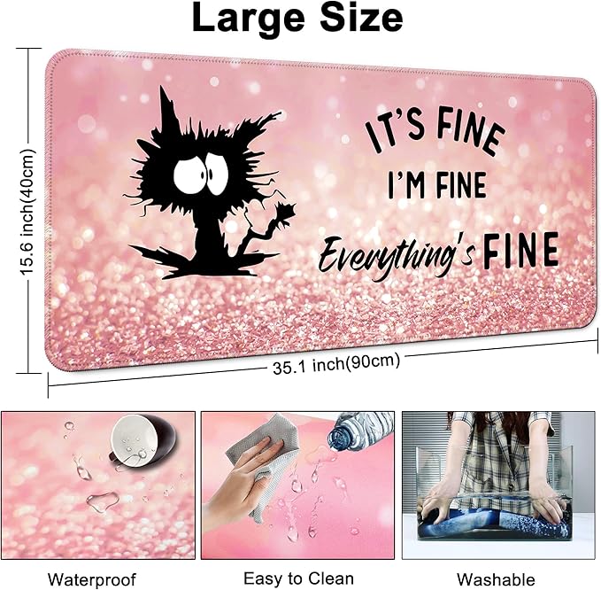 Desk Mat,Large Mouse Pad 35''×15.6'' XXL Extended Gaming Mouse Pad Mat with Non-Slip Base Stitched Eges Mousepad for Computer,Office,Keyboard and Laptop - Pink Cat